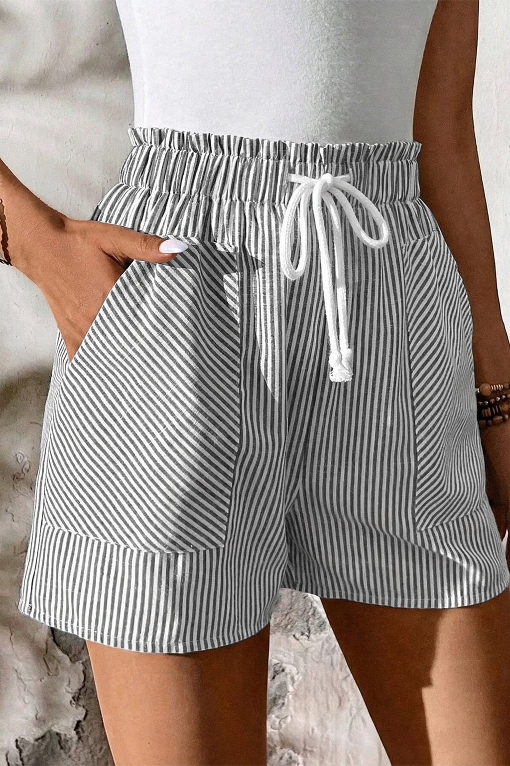 Striped Lace-Up Elastic Waist Shorts