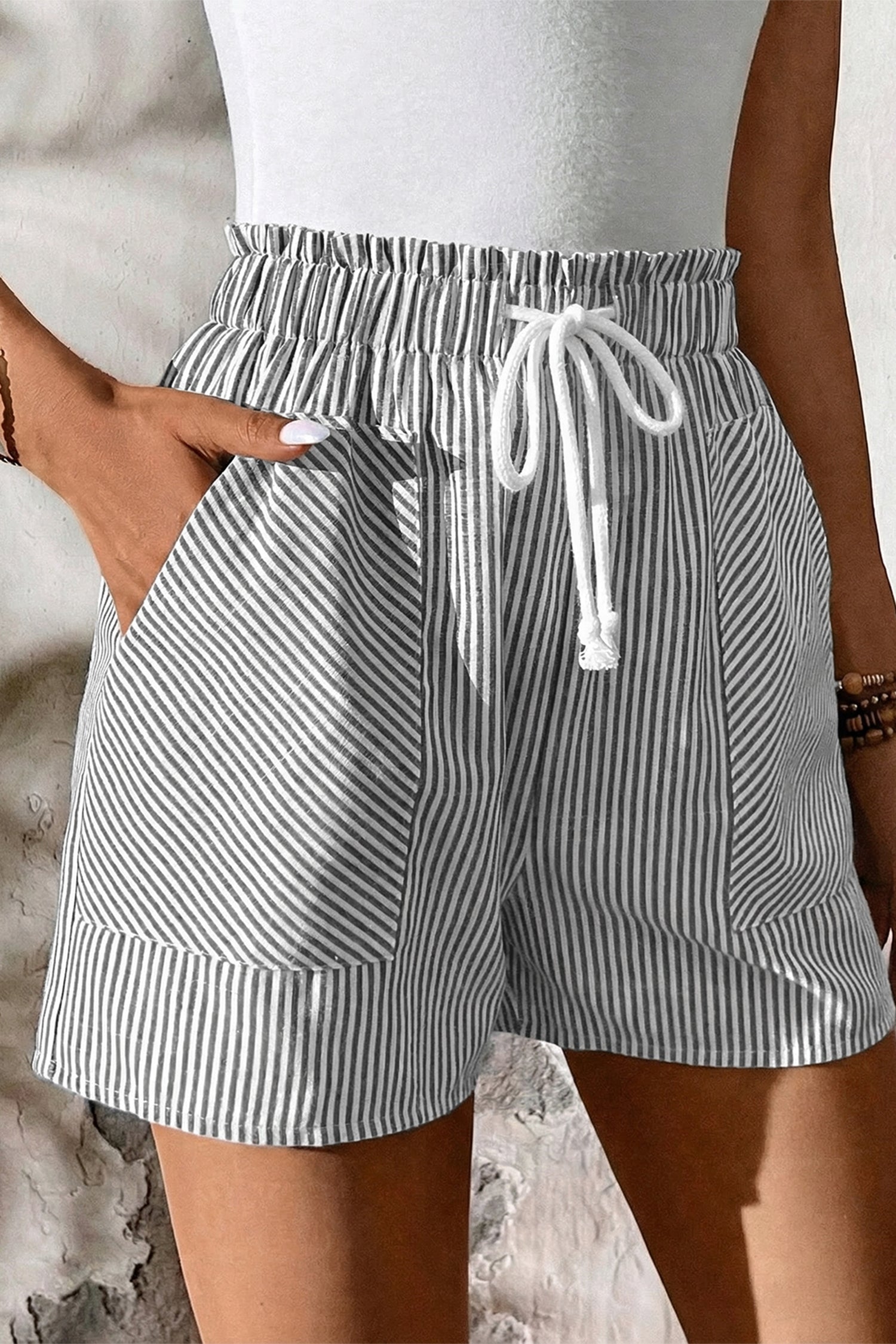 Striped Lace-Up Elastic Waist Shorts