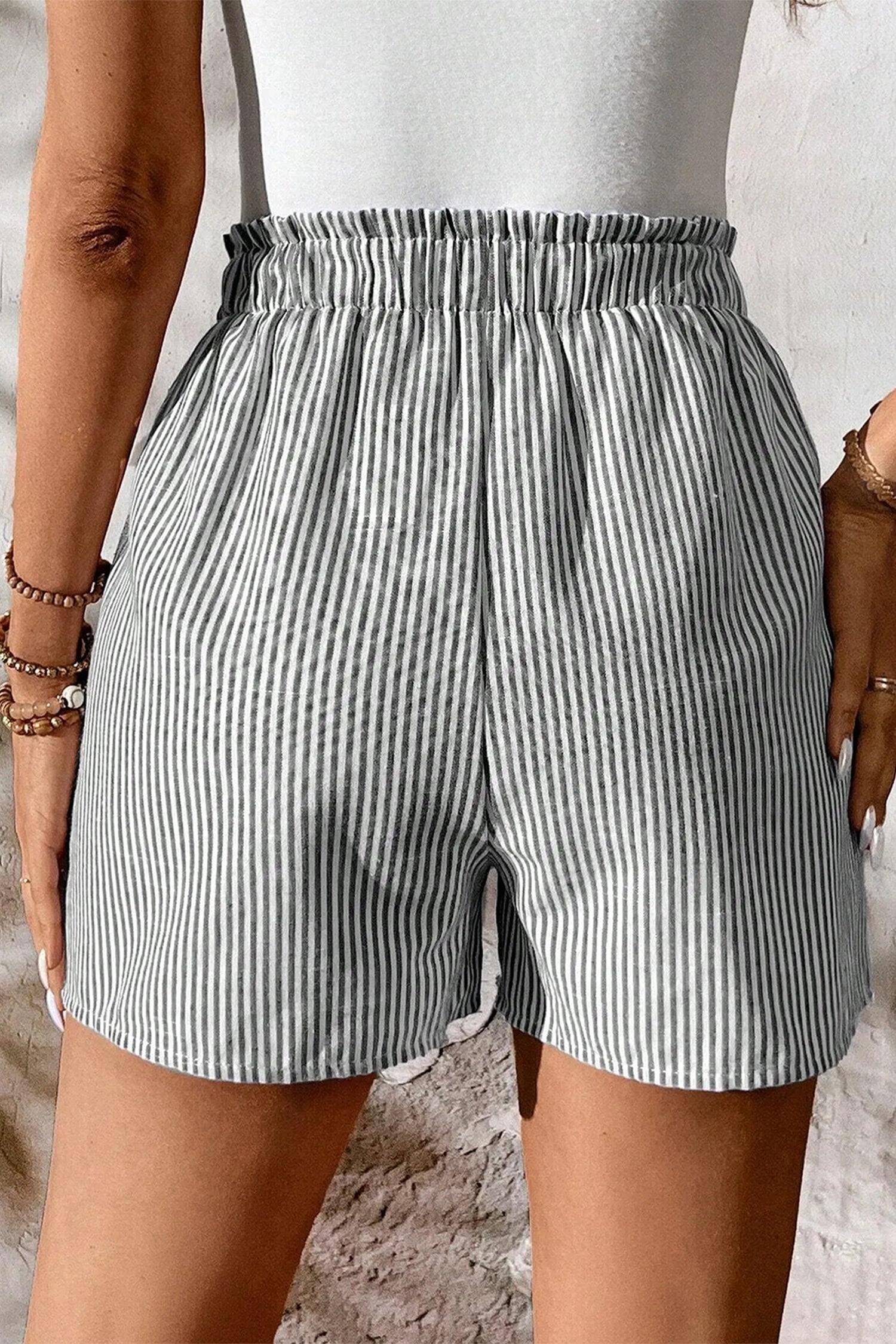 Striped Lace-Up Elastic Waist Shorts