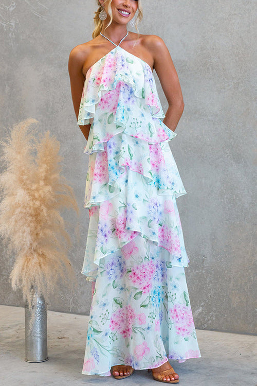 Chiffon Printed Lace-up Tiered Maxi Dress