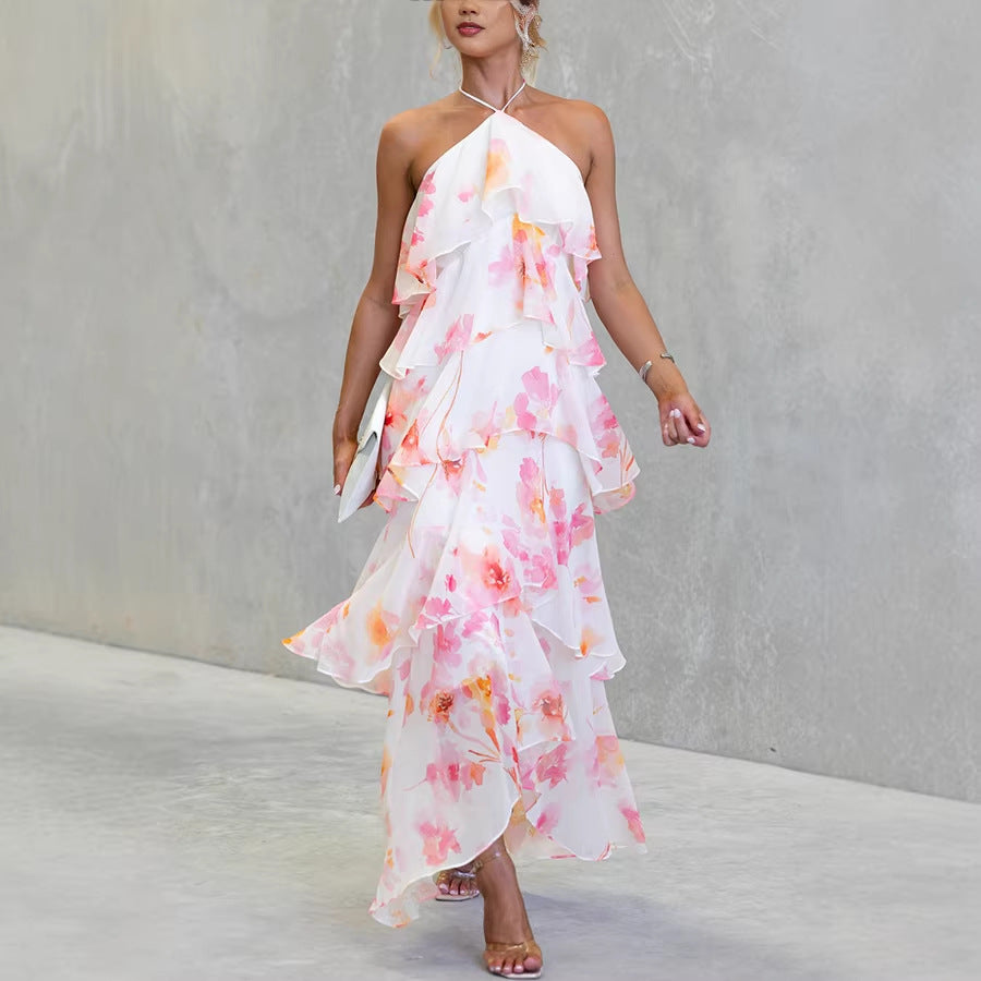 Chiffon Printed Lace-up Tiered Maxi Dress